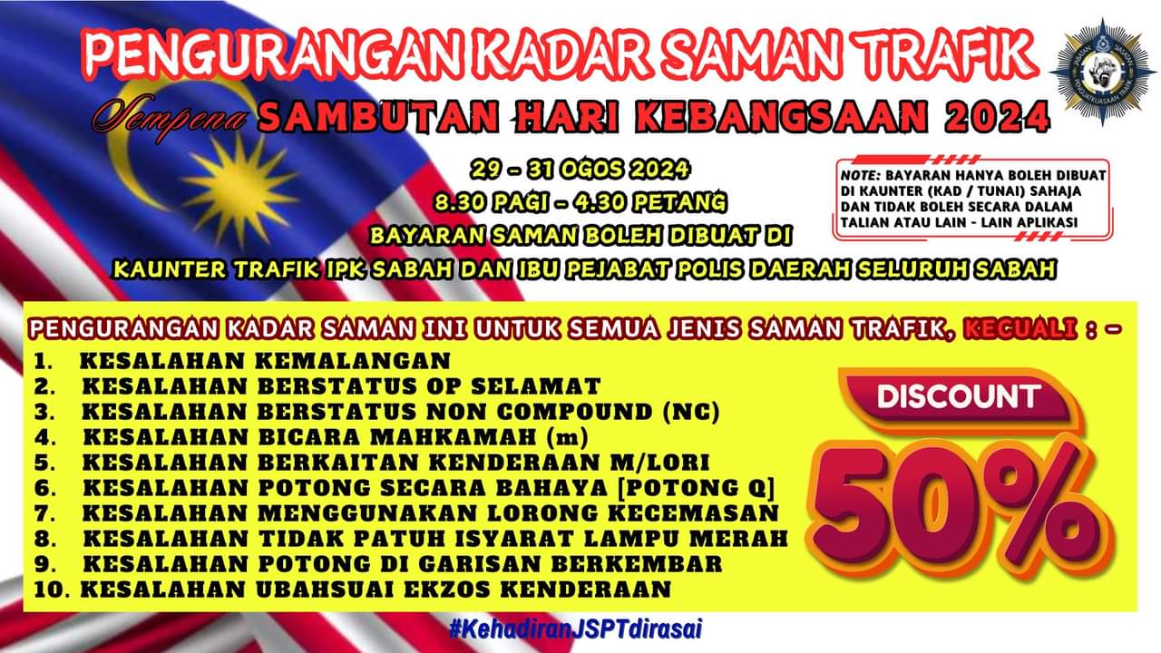 50 peratus diskaun saman trafik sempena Hari Kebangsaan