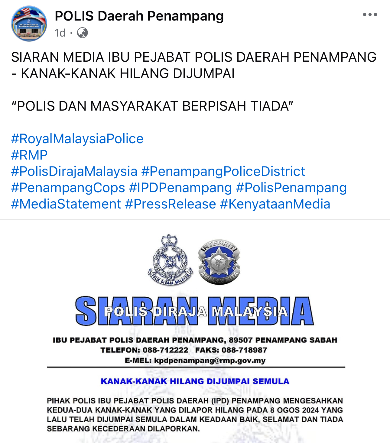 Dua remaja dilaporkan hilang, dijumpai semula