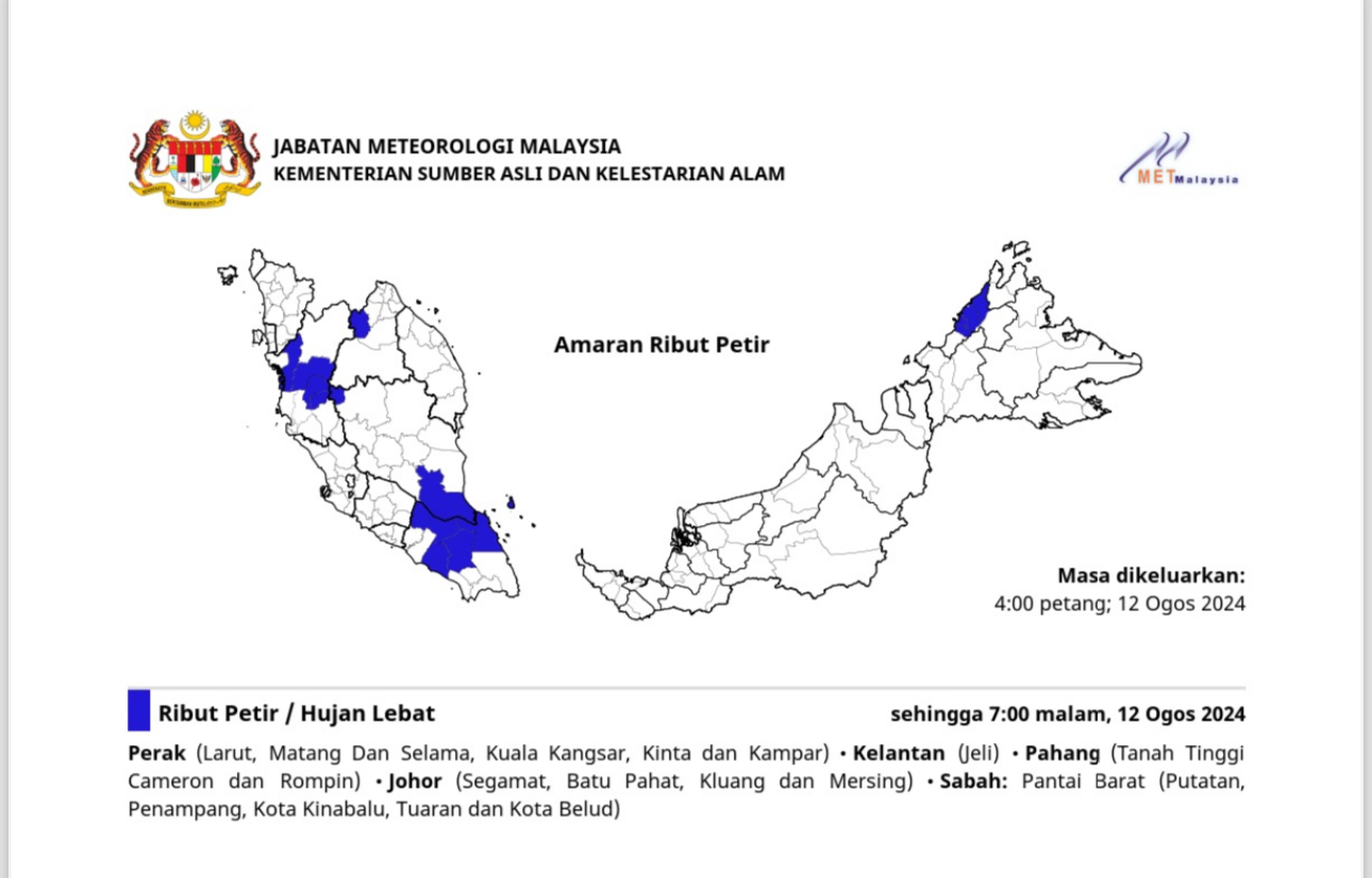 Amaran ribut petir, hujan lebat berlarutan di Pantai Barat Sabah