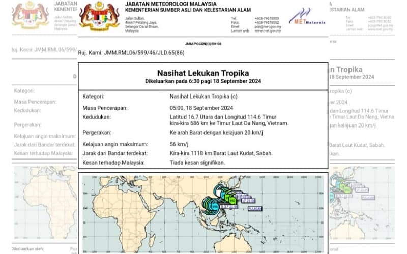 Lekukan Tropika dikesan 1,118km barat laut Kudat