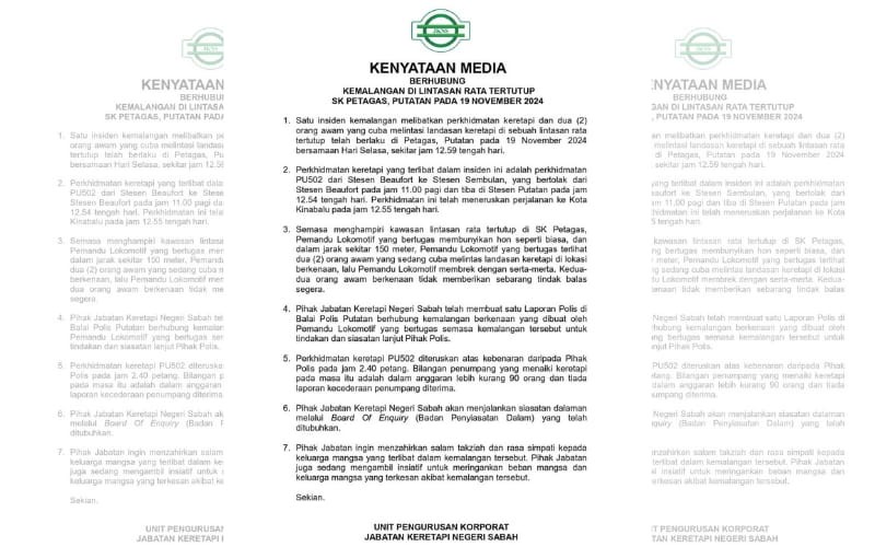 Badan Penyiasatan Dalam ditubuhkan siasat kemalangan lintasan keretapi di SK Petagas, Putatan
