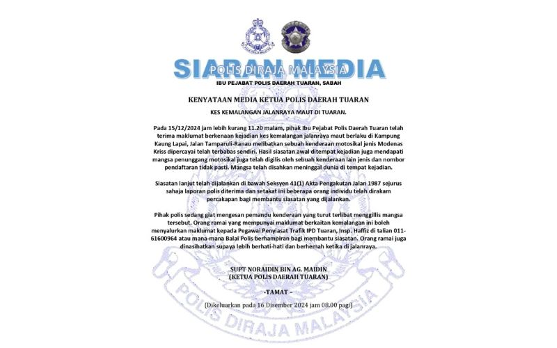 Polis giat kesan pemandu terlibat gilis penunggang motosikal