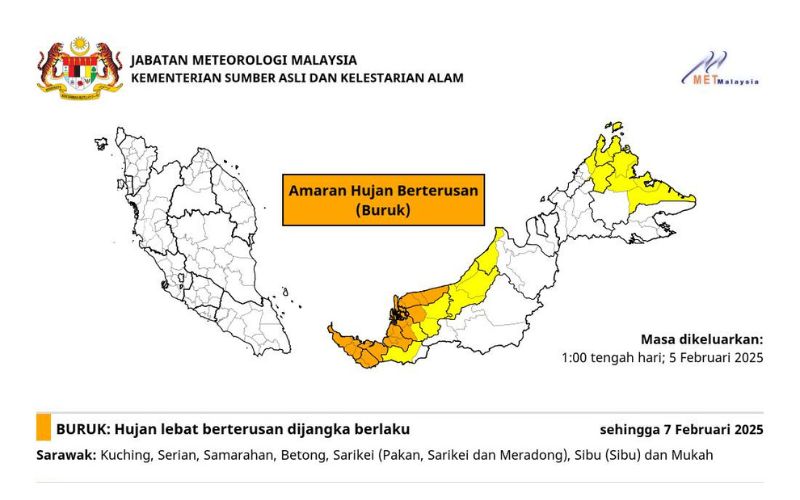Amaran hujan berterusan tahap buruk di Kuching, Sibu hingga 7 Februari 