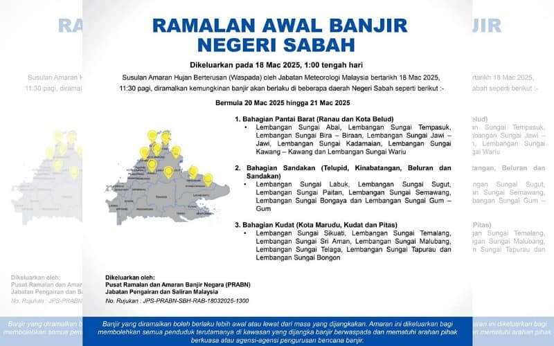 Bahagian Pantai Barat Sabah, Sandakan, Kudat diramal banjir bermula Khamis