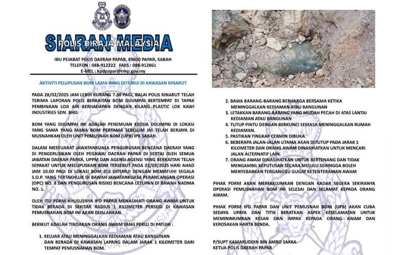 Polis akan laksana pelupusan bom kali kedua di Kinarut, Ahad ini