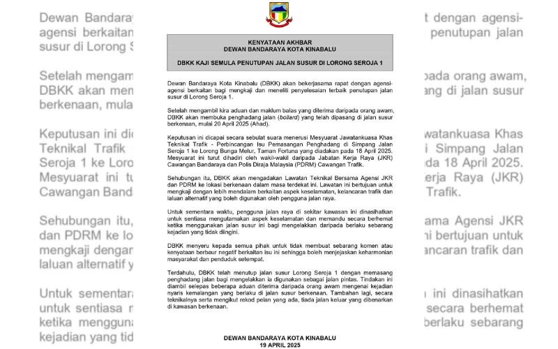 DBKK kaji semula penutupan jalan susur di Lorong Seroja 1, ‘bollard’ dibuka 20 April