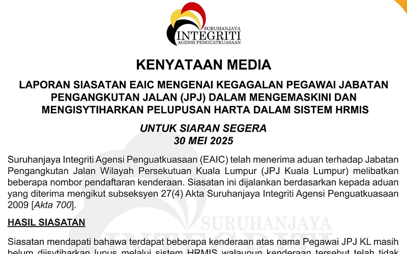 EAIC kenal pasti pegawai JPJ gagal kemas kini pelupusan harta