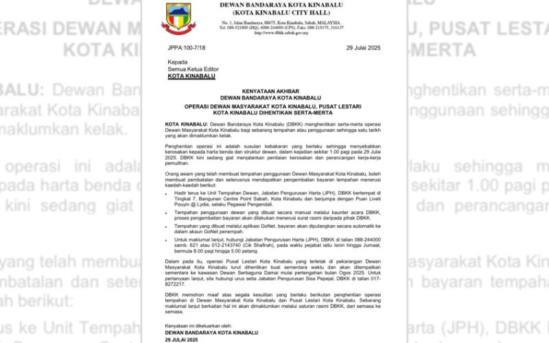 Operasi Dewan Masyarakat, Pusat Lestari KK dihenti serta-merta susulan kebakaran