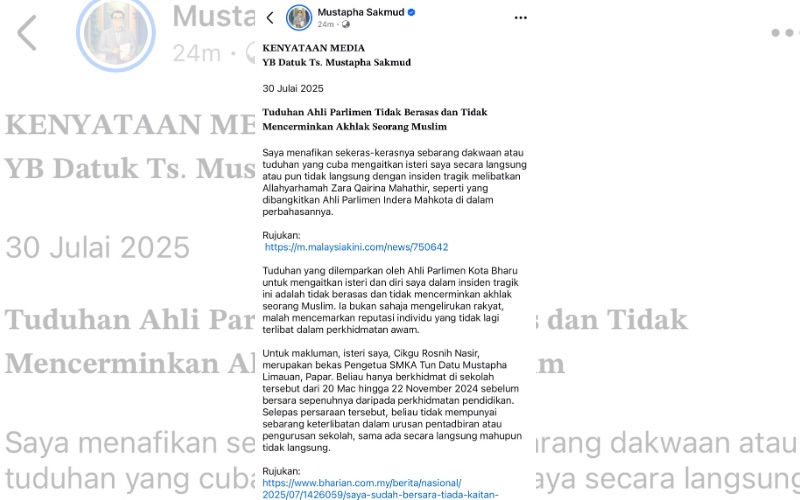 Kes Zara Qairina: Mustapha tepis tuduhan kaitkan isteri