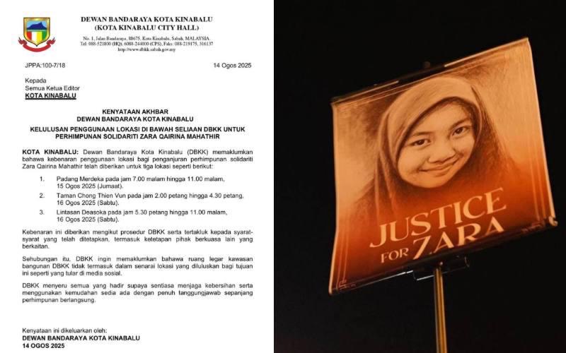 DBKK luluskan 3 lokasi Perhimpunan Solidariti Zara Qairina