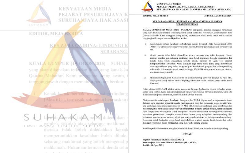 Kes Zara Qairina: Suhakam tegas lindungi kanak-kanak, elak sebarang stigma 