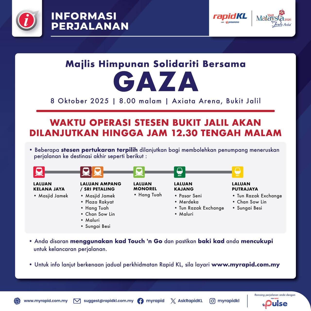 Perkhidmatan LRT stesen Bukit Jalil dilanjutkan sehingga 12.30 tengah malam