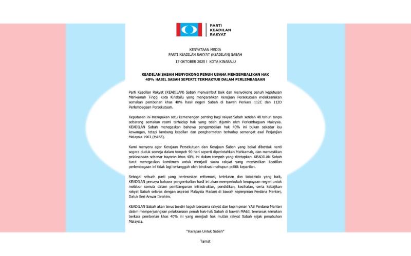 PKR Sabah sokong penuh usaha kembalikan hak 40 peratus hasil negeri
