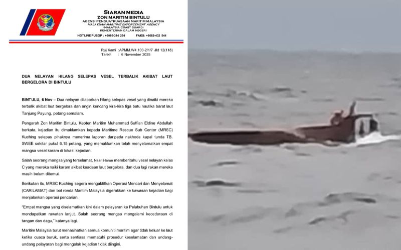 Dua nelayan hilang selepas kapal terbalik di perairan Bintulu