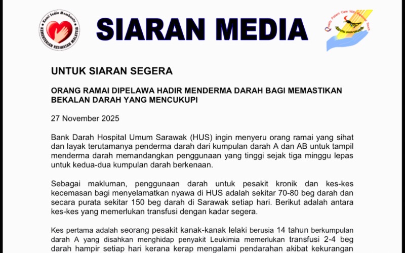 Hospital Umum Sarawak bimbang stok darah merosot, rayu penderma segera tampil