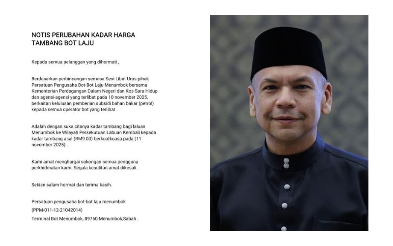 Tambang bot Menumbok–Labuan dikembalikan kepada harga asal RM9 berkuat kuasa hari ini