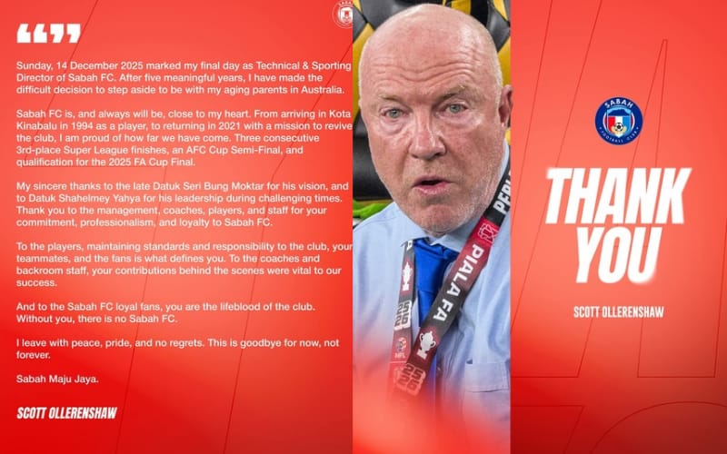5 tahun bersama Sabah FC, Scott Ollerenshaw lepas jawatan