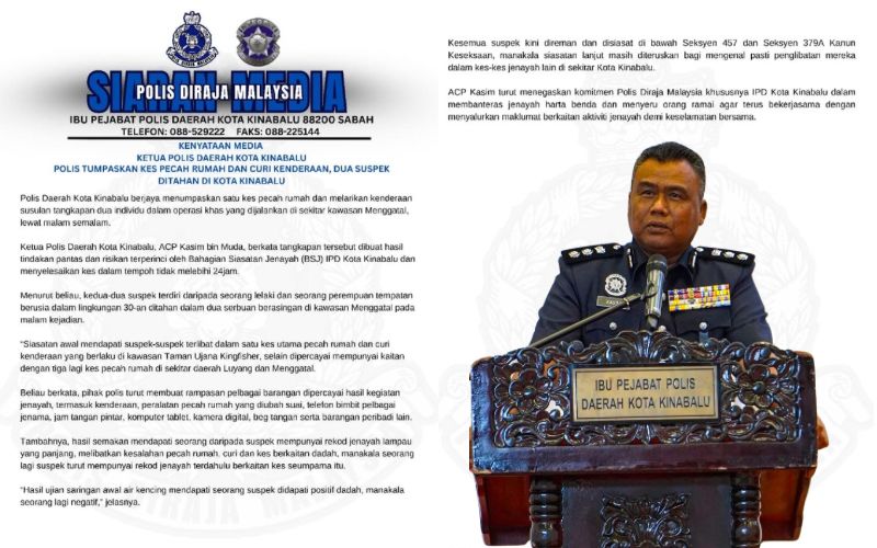 Polis berkas dua individu, tumpas kes pecah rumah dan curi kenderaan