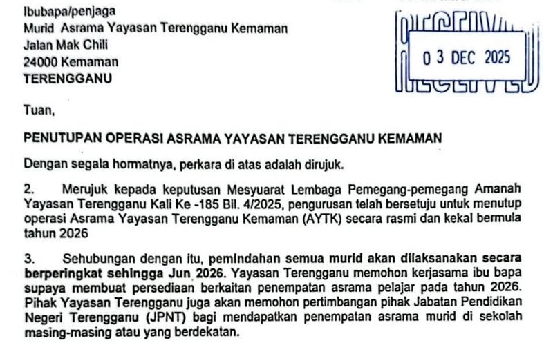 Penutupan Asrama YT Kemaman dedah kegagalan tadbir urus kerajaan Pas Terengganu