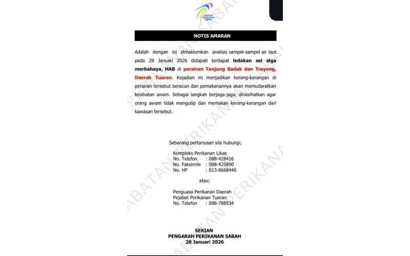 HAB dikesan, orang ramai diminta elak makan kerang