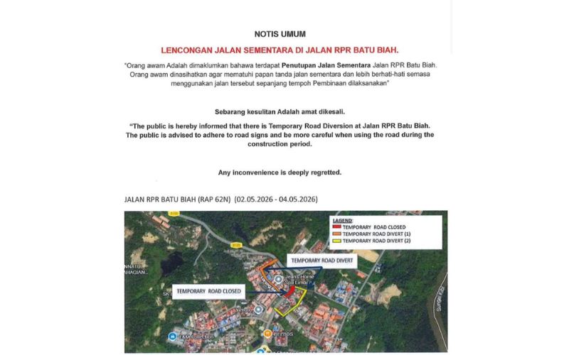 Lencongan sementara di Jalan RPR Batu Biah bermula 2 Mei