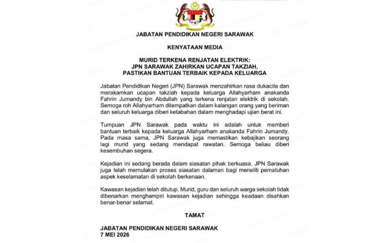 Murid maut terkena renjatan elektrik, JPN Sarawak zahir takziah