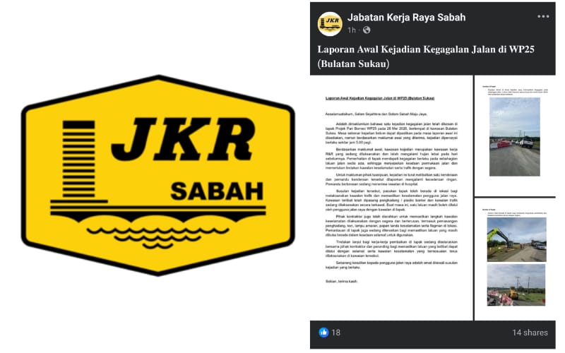 Kegagalan struktur jalan dikesan di Projek Pan Borneo WP25 Sukau – JKR Sabah