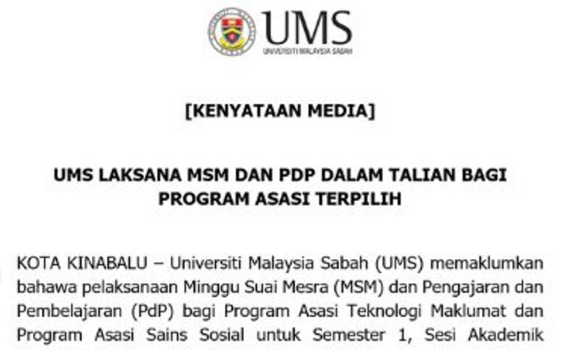 UMS laksana MSM, PdP dalam talian bagi dua program asasi