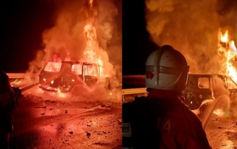 MPV terbakar selepas bertembung treler, seorang maut rentung