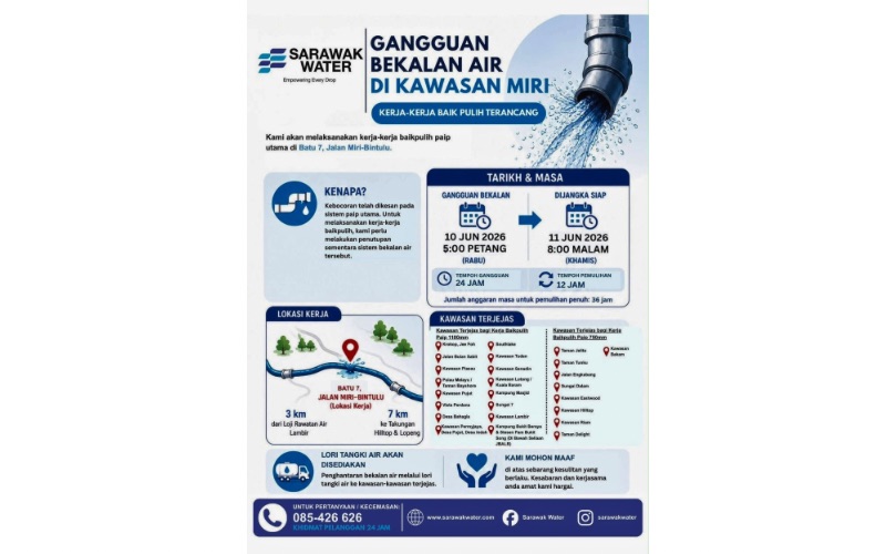 Gangguan bekalan air di Miri bermula 10 Jun