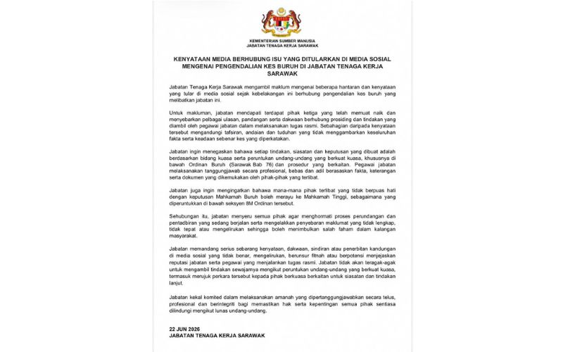 JTK Sarawak ingatkan henti sebar maklumat mengelirukan kes buruh