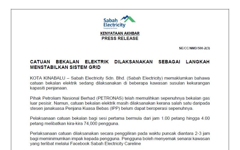 Bekalan gas Petronas pulih, catuan elektrik diteruskan stabilkan grid Sabah