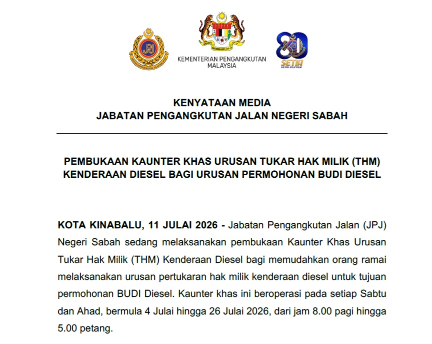 JPJ Sabah buka kaunter khas hujung minggu, mudahkan pemilik kenderaan diesel mohon BUDI Diesel