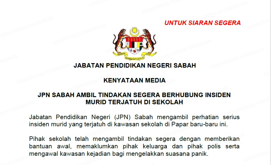 Pelajar terjatuh di sekolah tidak cedera serius, kini stabil