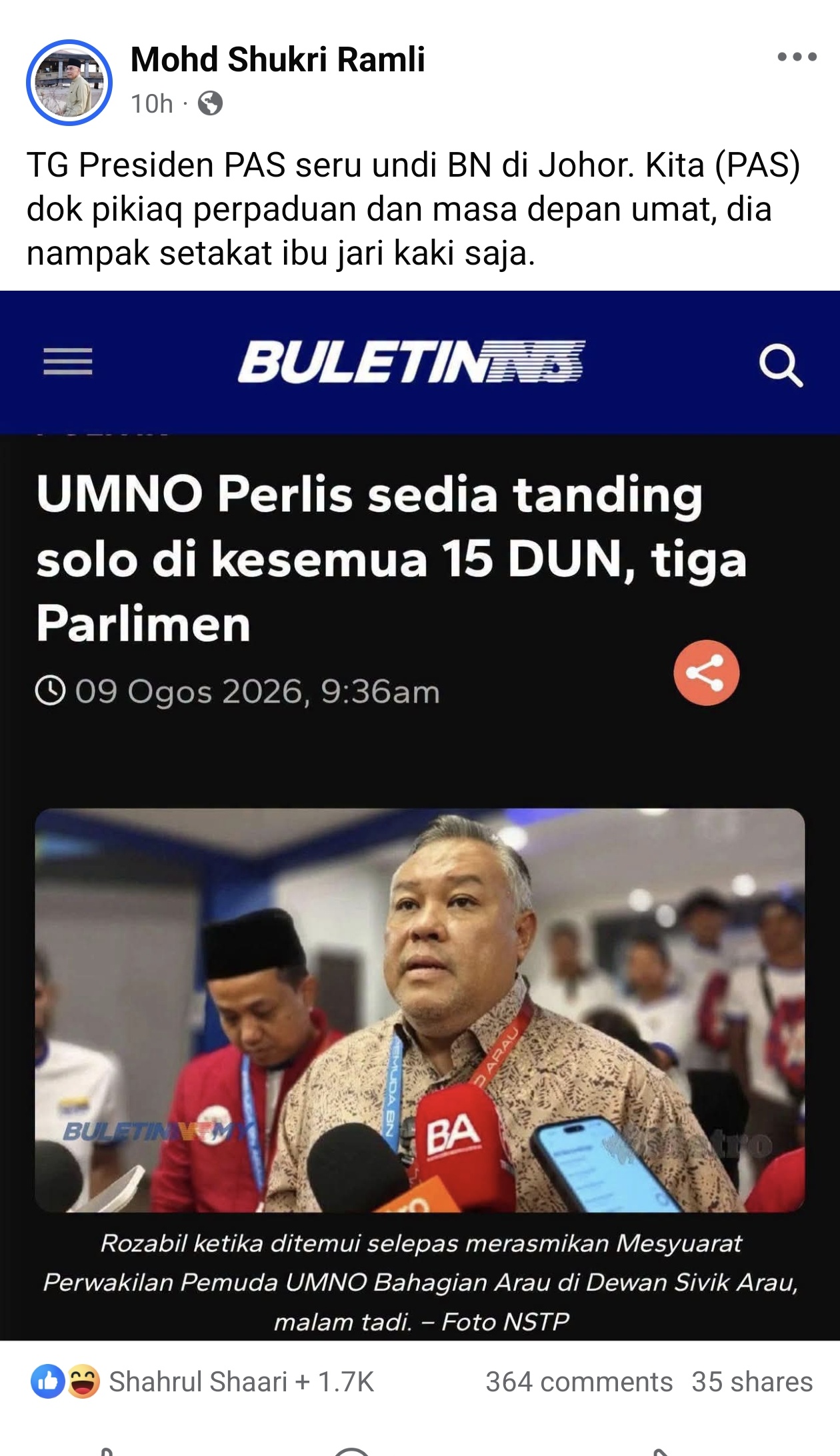 Pas fikir perpaduan, dia nampak setakat ibu jari kaki – Bekas MB Perlis