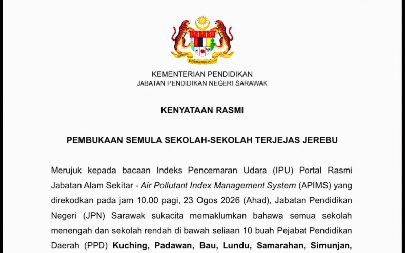 Jerebu semakin pulih, sekolah di Sarawak kembali beroperasi esok