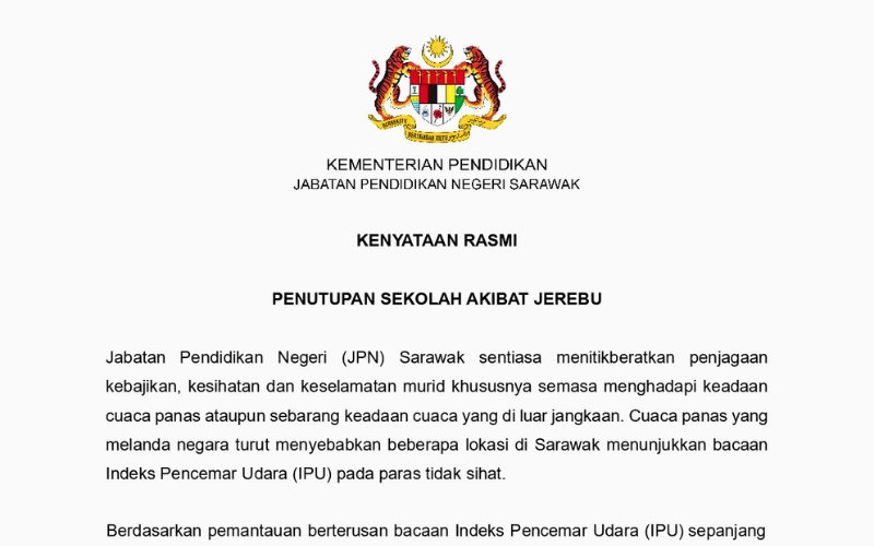 JPN Sarawak arah penutupan 647 sekolah akibat bacaan jerebu kritikal