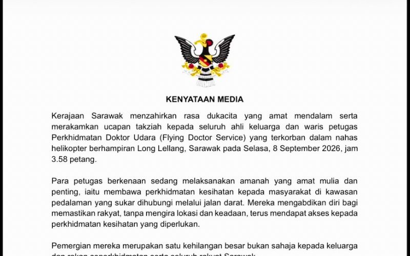 Kerajaan Sarawak salur sumbangan RM100,000 buat keluarga mangsa nahas helikopter