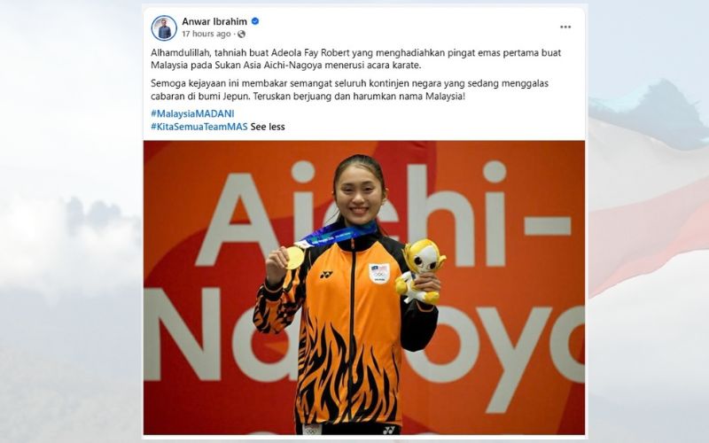 Adeola hadiah emas pertama Malaysia di Sukan Asia Aichi-Nagoya