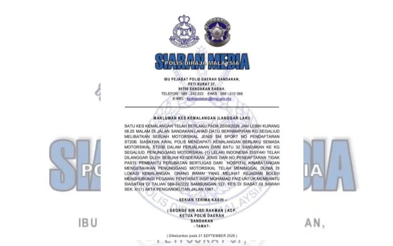 Polis buru kenderaan dipercayai langgar maut lelaki Indonesia di Segaliud